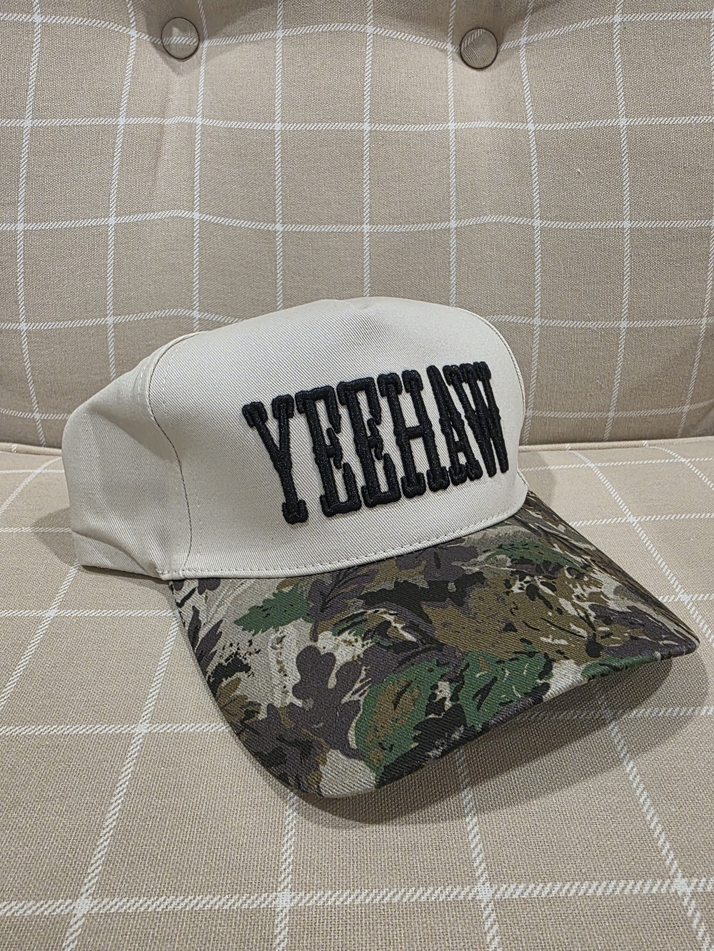 Yeehaw Embroidered Two-Tone Cotton Cap - Cream with Camo Brim - NEW